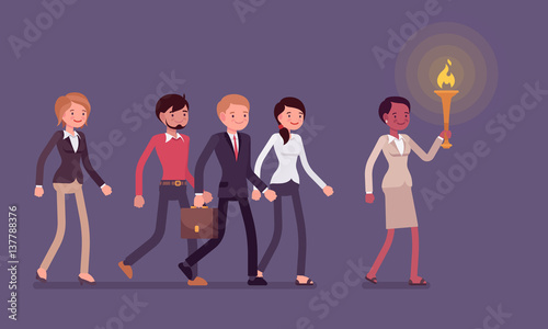 Woman with a torch leading a group of people
