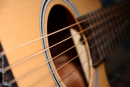 Close up view of a guitar.