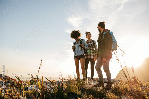 Group of people hiking in nature on a summer day