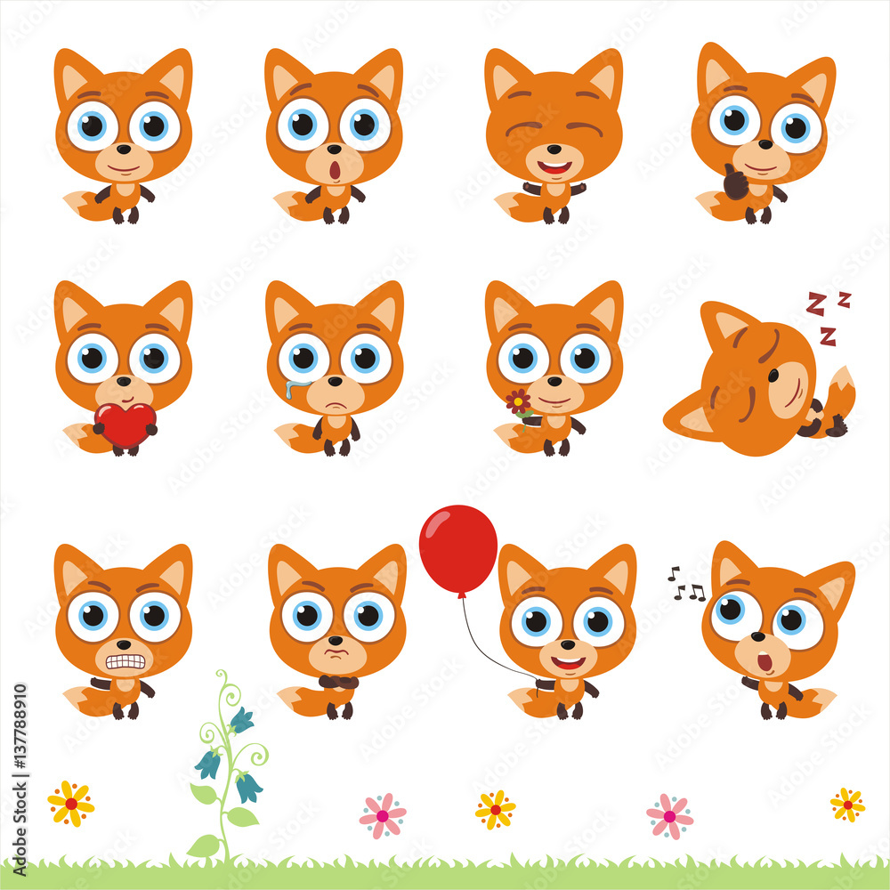 Big set cute little fox. Collection isolated cartoon fox in different poses.