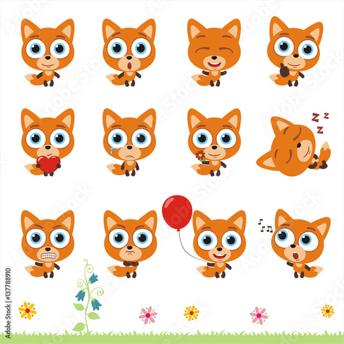 Big set cute little fox. Collection isolated cartoon fox in different poses.