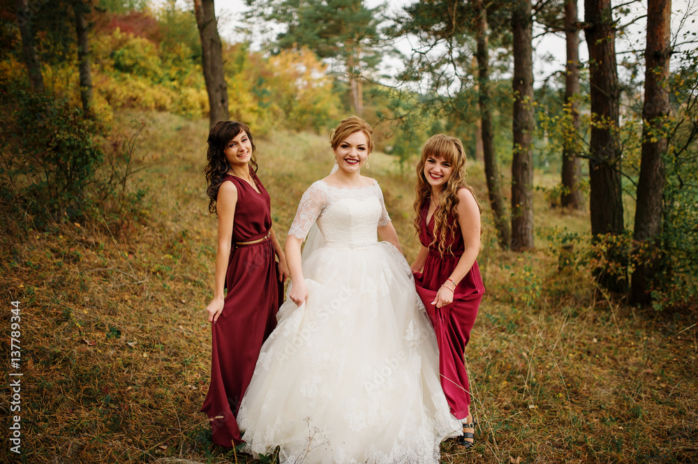 Bride with bridesmaids on red dresses at autumn pine wood.