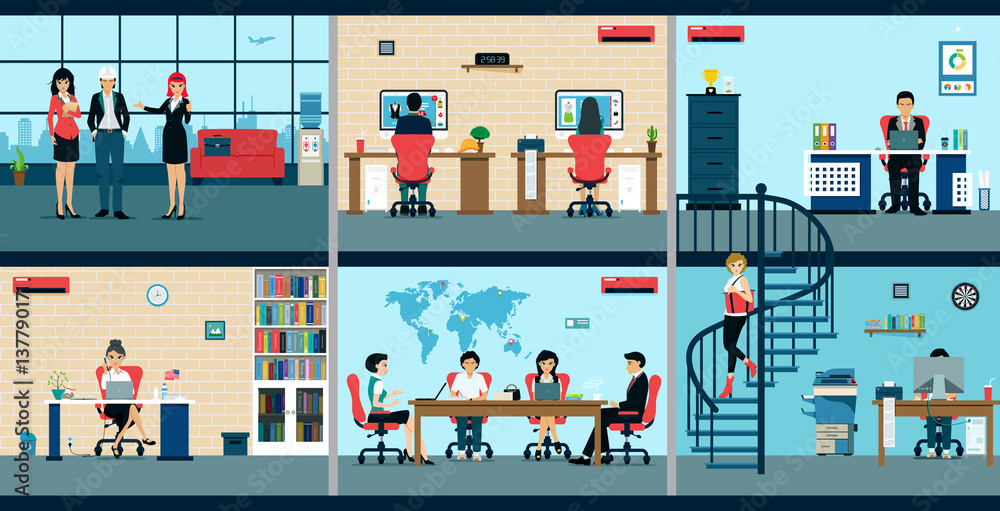 Male and female employees are working in the office. Male and female employees are working in the office.
