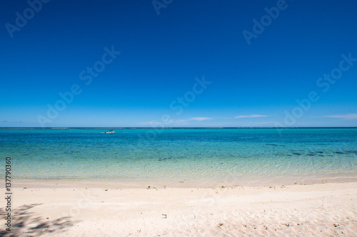 Deserted sandy beach with turquoise sea and blue sky - Mauritius © paspas