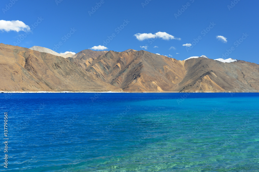 Shades of blue water in Pangong Lake, Ladakh, India  