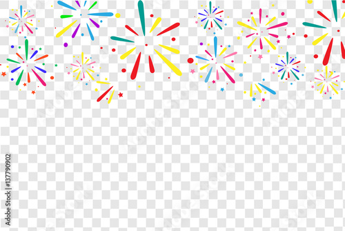 Template of banner with transparent background. Cartoon fireworks