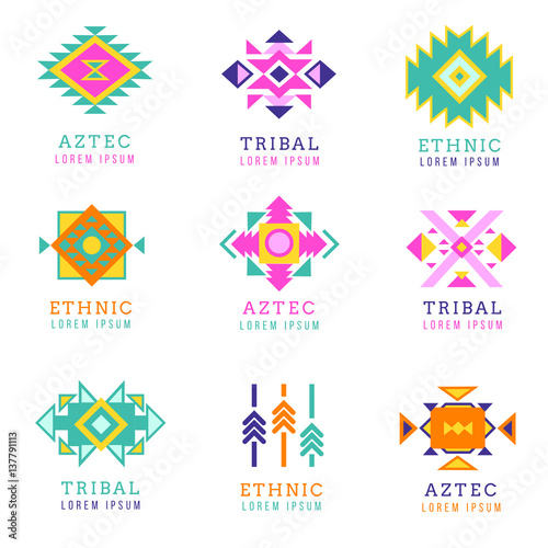 Aztec or apache motif style logo set. Native mexican labels isolated on white background