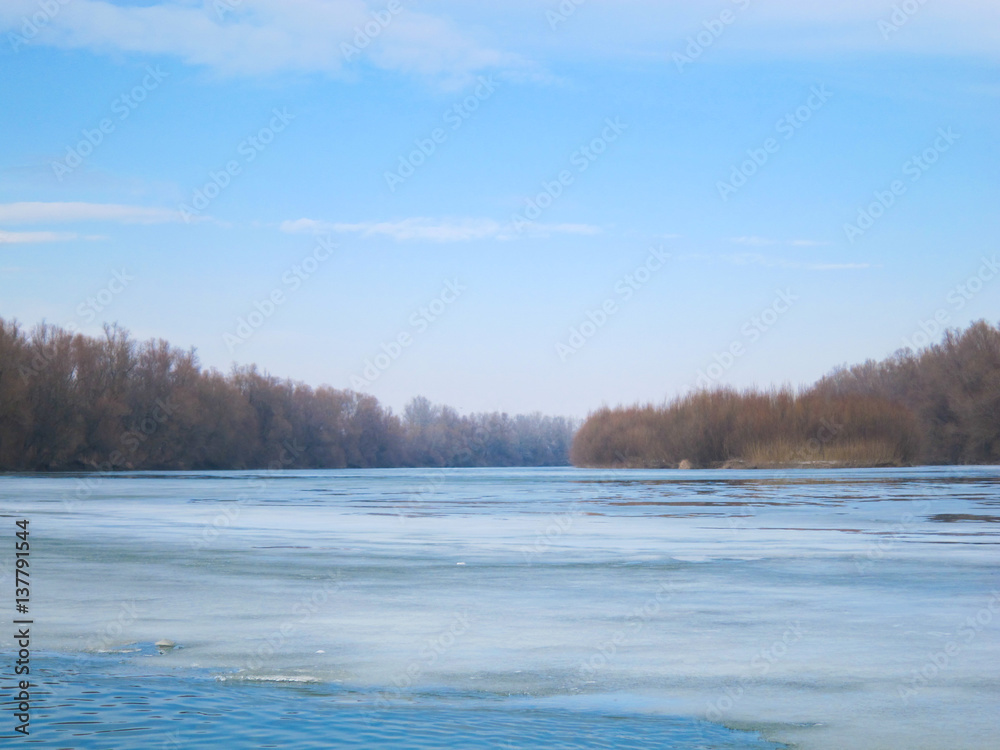 View at the frozen ice Danube river in the winter View at the frozen ice Danube river in the winter