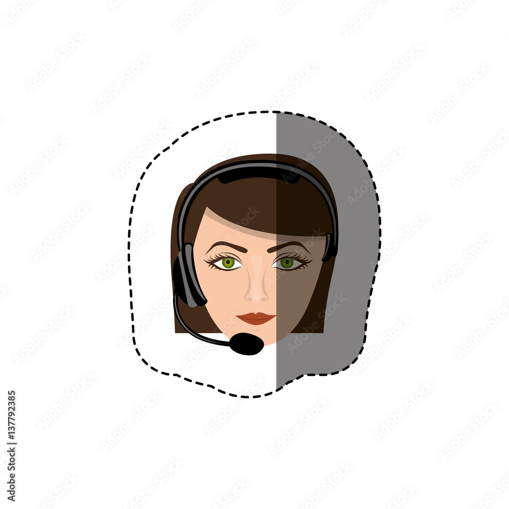 color sticker with head of female customer service vector illustration