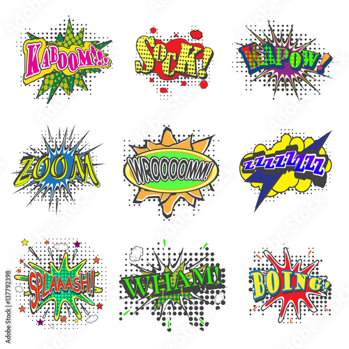 Set of bubbles speech, oops expression and speak onomatopoeia, crash and bang cloud, pow sound and cool comic exclamation, bomb pow sound. Dialogue and humour, communicate theme, vector illustration.