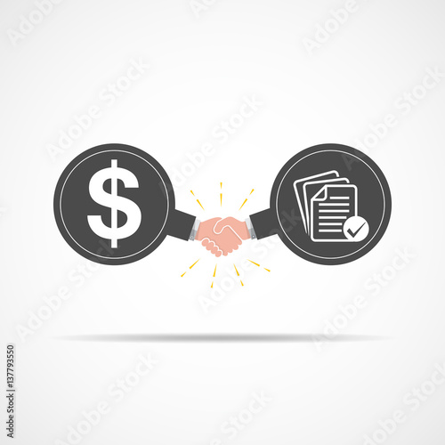 Symbol of handshake between dollar signs and business documents. Vector illustration