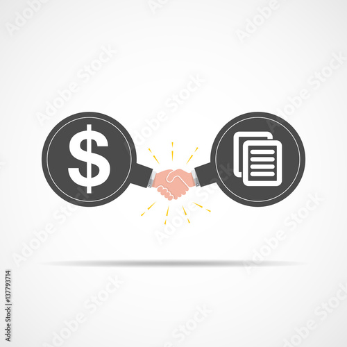 Symbol of handshake between dollar signs and business documents. Vector illustration