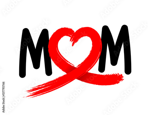 Mom letters with abstract heart ribbon made from brush stroke. Hand draw brush style, icon design. Illustration isolated on white background. Love mom concept. Happy mother's day