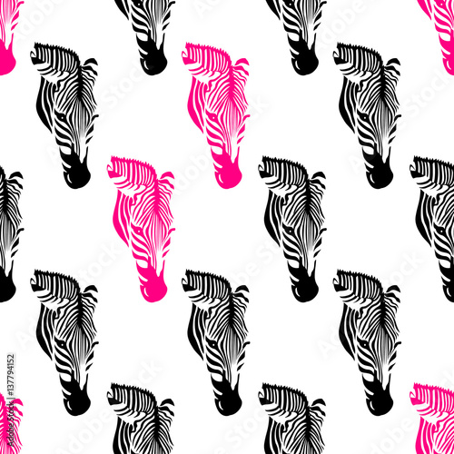 zebra heads seamless pattern  black and pink on white. Savannah Animal ornament. Wild animal texture. design trendy fabric texture  vector illustration.