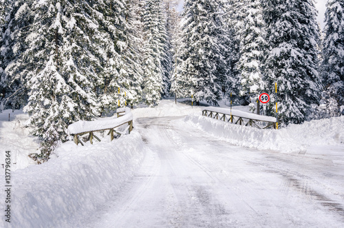 Wooden Bridge Covered in Snow on a Tree Lined Mountain Road in Winter