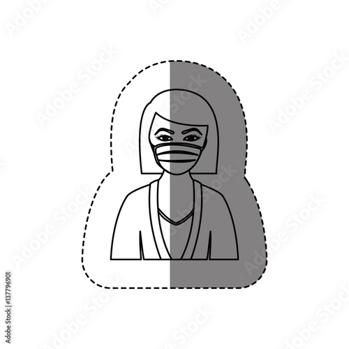 monochrome contour sticker with half body of nurse with mouth cap vector illustration