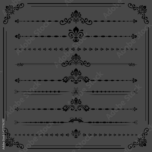 Vintage set of dark vector decorative elements. Horizontal separators in the frame. Collection of different ornaments. Classic patterns. Set of vintage patterns