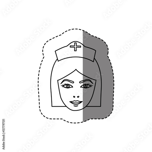 monochrome contour sticker with head of female nurse vector illustration