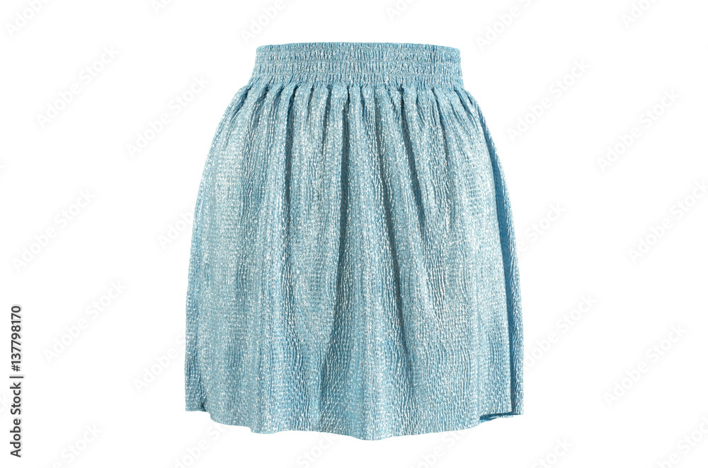 Blue sparkly skirt isolated on white background.Festive short skirt with elastic band cut out on white.