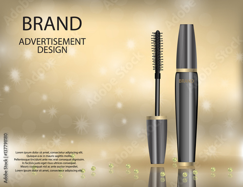 Glamorous mascara product, black  package design in 3d on the  s