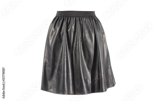 Black faux leather skirt isolated on white background. Vegan leather short skirt with elastic band cut out on white.