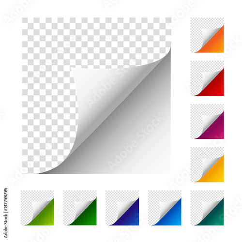 Collection of vector paper corners. Set of colorful paper sheets. White, orange, red, violet, yellow, green, blue, dark blue, turquoise, light green paper curled paper. photo