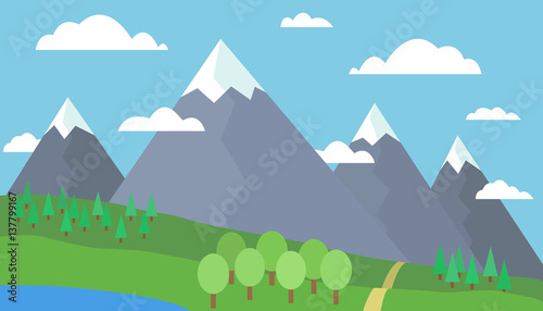 The path to the mountains, green landscape, hills, lake, trees, blue sky with clouds, snow - Vector