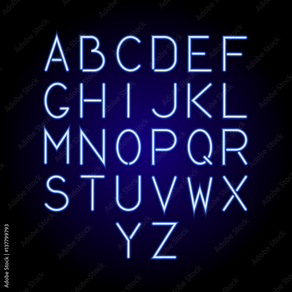 Glowing blue neon alphabet letters from A to Z. Vector illustration. Glowing blue neon alphabet letters from A to Z. Vector illustration.