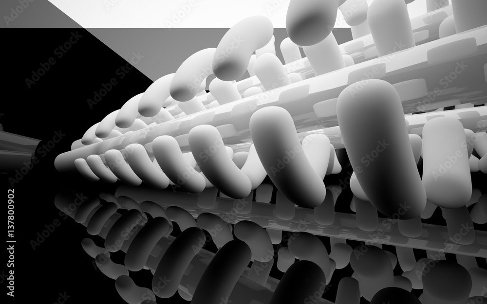 Obraz premium Abstract black interior with glossy white sculpture. 3D illustration and 3D rendering