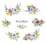 Watercolor floral collection with flower arrangements of flowers, leaves, branches and flower buds.