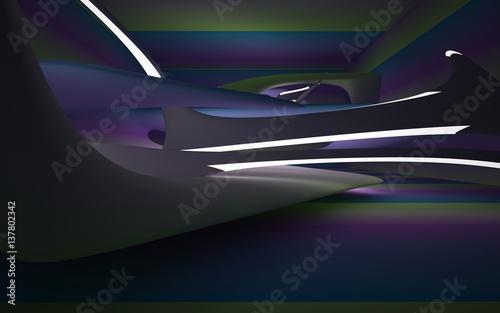 Abstract interior of the future in a minimalist style with gradient sculpture. Night view from the backligh. Architectural background. 3D illustration and rendering