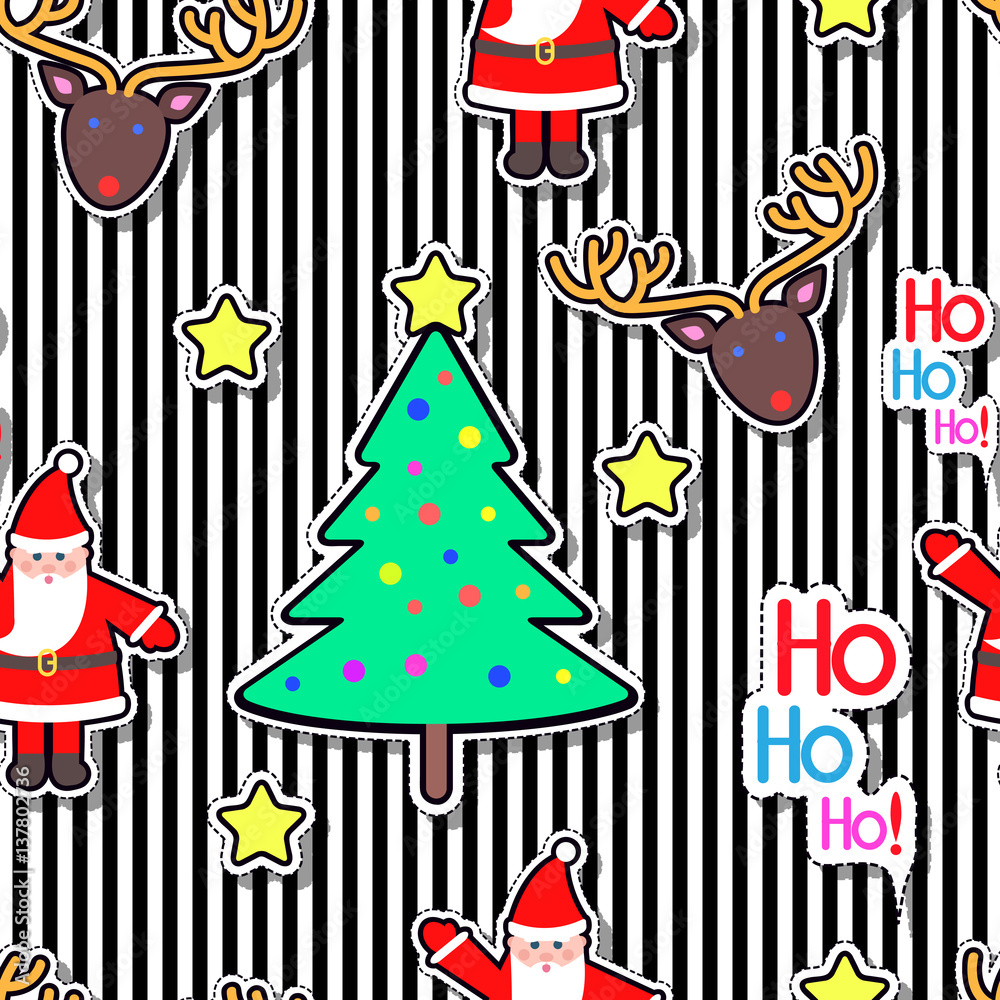 Santa Clause, Deer, Tree Star Seamless Pattern.