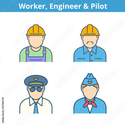 Occupations colorful avatar set: pilot, stewardess, engineer, worker. Flat line professions userpic collection. Vector color thin outline icons for profiles, web, social networks and infographics.
