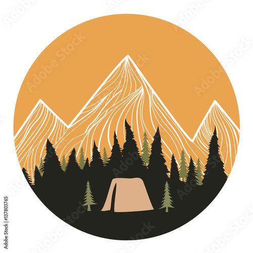 Vector poster with mountains, camping tent and pine forest
