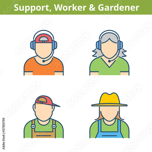 Occupations colorful avatar set  support operator  workman  gardener. Flat line professions userpic collection. Vector color thin outline icons for profiles  web  social networks and infographics.