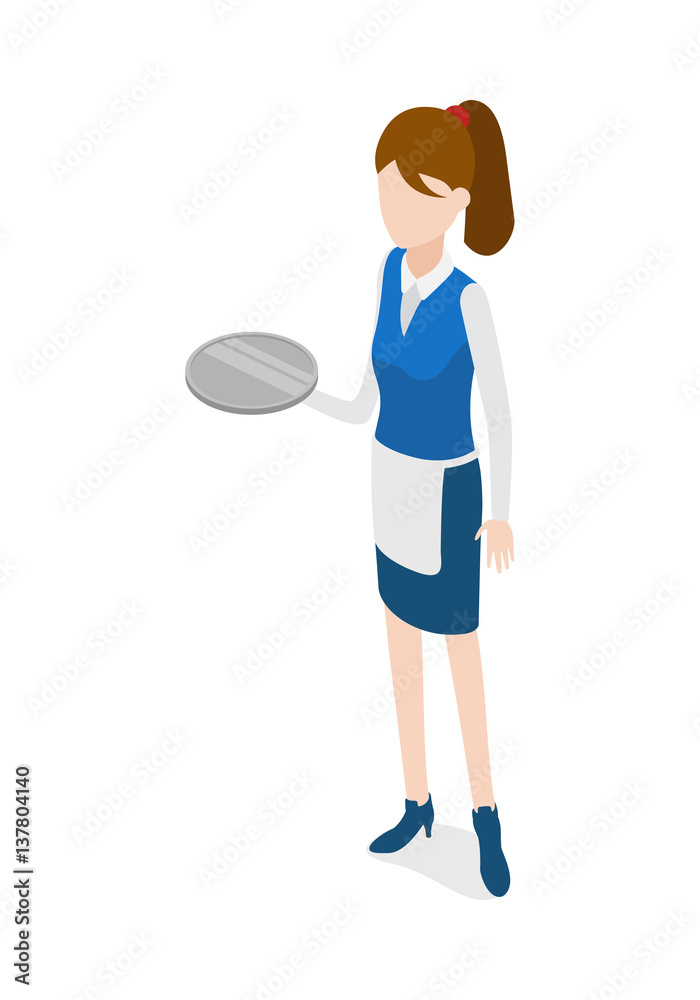 Restaurant. Waitress Holding Round Metal Grey Tray Restaurant. Waitress Holding Round Metal Grey Tray