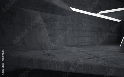 Empty dark abstract concrete room interior. Architectural background. Night view of the illuminated. 3D illustration and rendering