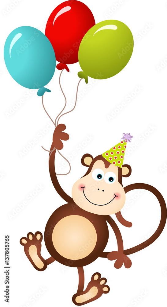 Birthday monkey flying with balloons
