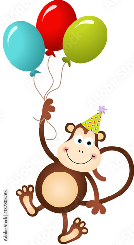 Birthday monkey flying with balloons 
