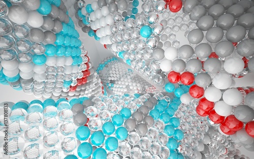 The structure of the red, grey and blue spheres. DNA. 3D illustration. 3D rendering 