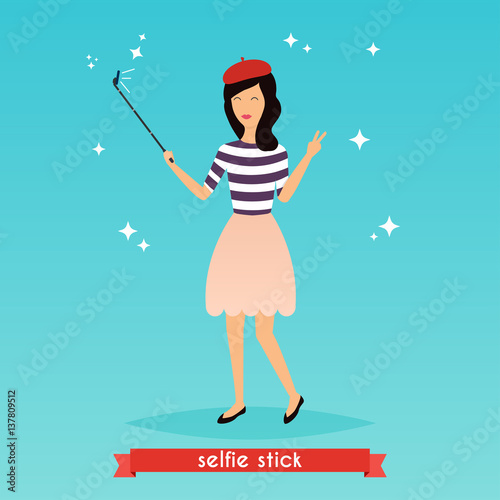 Hipster girl taking a selfie with mobile phone. Concept of  new trends and technology. Vector illustration.