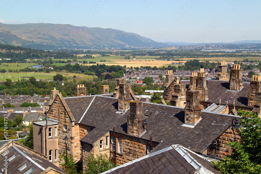 View of traditional Scottish stone houses in town Stirling from Stirling Castle in Scotland 