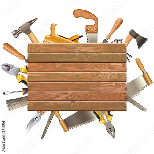 Vector Wooden Board with Hand Tools