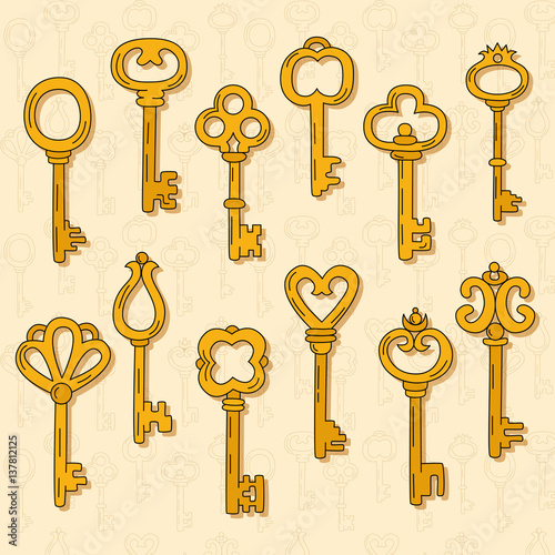 Vintage keys doodles vector set