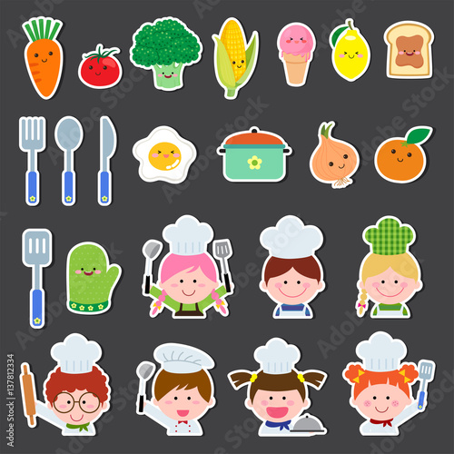 Set of chef kids and kitchen elements