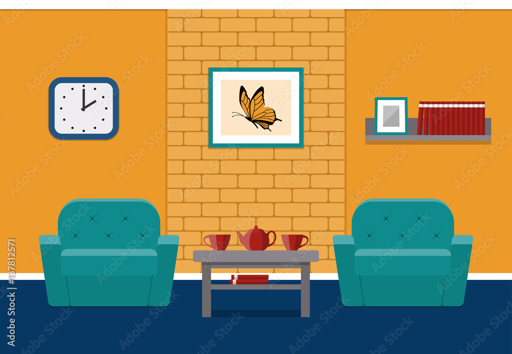 Living room interior in flat style. Vector. House design lounge with furniture and brick wall. Cartoon background. Stock Vector | Adobe Stock Living room interior in flat style. Vector. House design lounge with furniture and brick wall. Cartoon background. Stock Vector | Adobe Stock