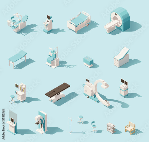 Vector isometric low poly medical equipment set