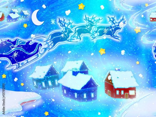 Seamless blue christmas background with reindeer, santa claus and houses