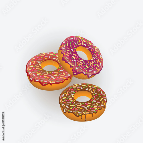 Donuts with chocolate and pink-purple glaze. Vector Image. Design for the menu, recipes, culinary presentations.