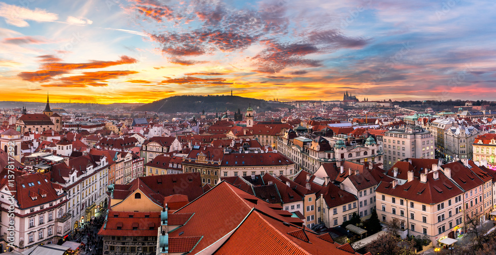 Fototapeta premium Most mystical and mysterious city in Europe. Prague through the eyes of birds at sunset with fantastic sky